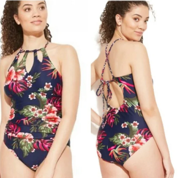 Kona Sol Swimsuit One Piece Keyhole Navy Floral Ruched Tie Open Back Bathing - Picture 4 of 7